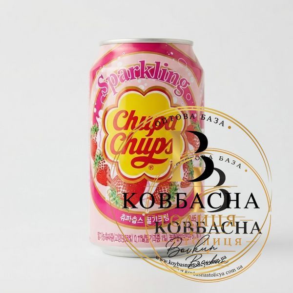 Напій Chupa Chups &laquo;Полуниця з вершками&raquo; газований з/б, 0,345л napii-chupa-chups-polunytsia фото